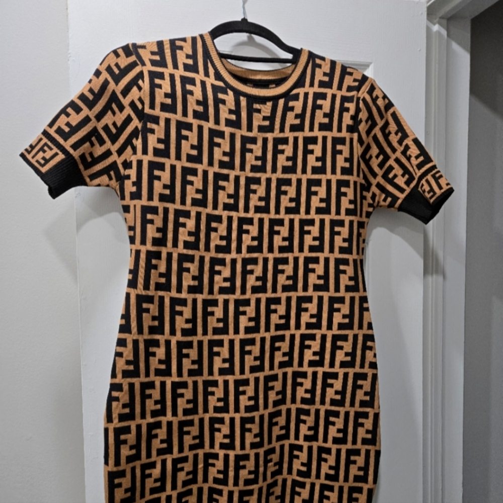 Designer inspired fashion
Brown Black Logo Knit above the knee dress